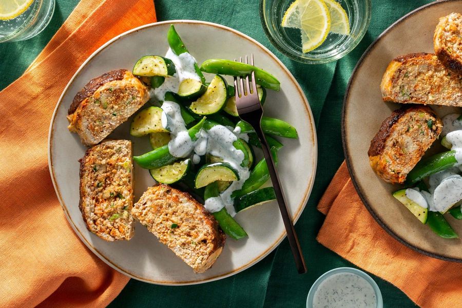 Meatloaf with spring vegetables and lemon-dill aioli