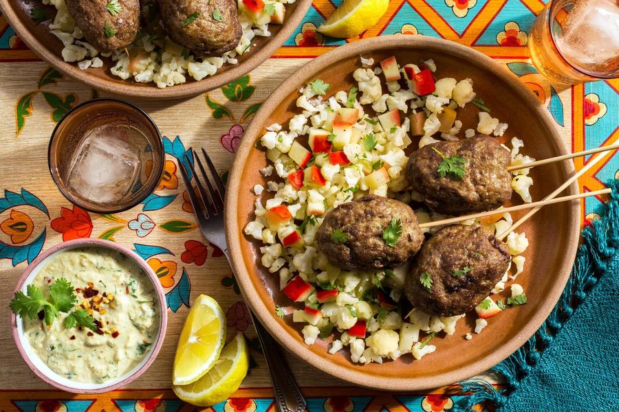 Masala kebabs with cauliflower “rice” and cashew chutney