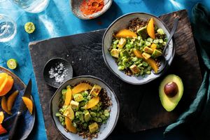 Tok-sel lima bean and quinoa bowls with avocado and orange