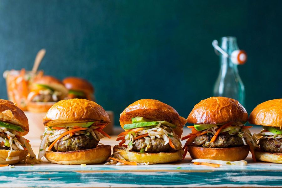 Saigon beef sliders with carrot-cabbage slaw and avocado