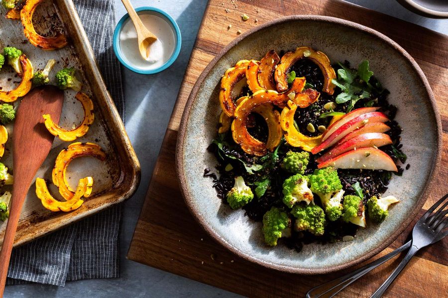 Black rice bowls with delicata squash, pear, and cashew dressing