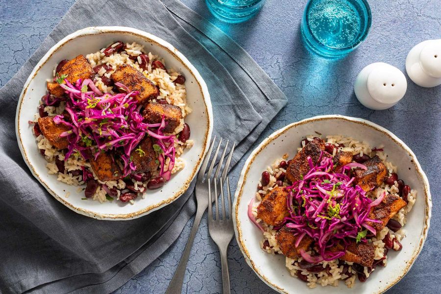 Spicy Caribbean-style pollock over coconut rice and beans