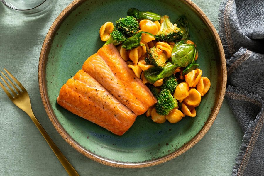 Salmon and orecchiette with broccoli and roasted red pepper ajvar