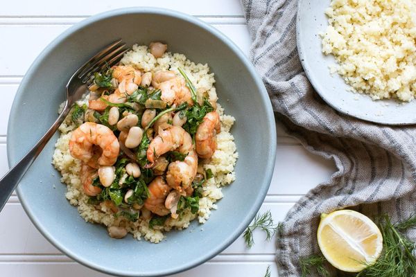 Shrimp couscous with white beans, baby arugula and meyer lemon
