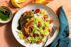 Santa Fe spiced chicken breasts with warm tomato-frisée salad
