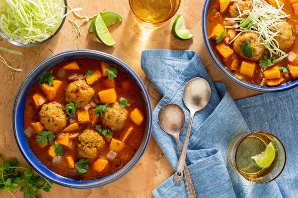 Spicy Mexican meatball soup with butternut squash, cabbage, and cilantro