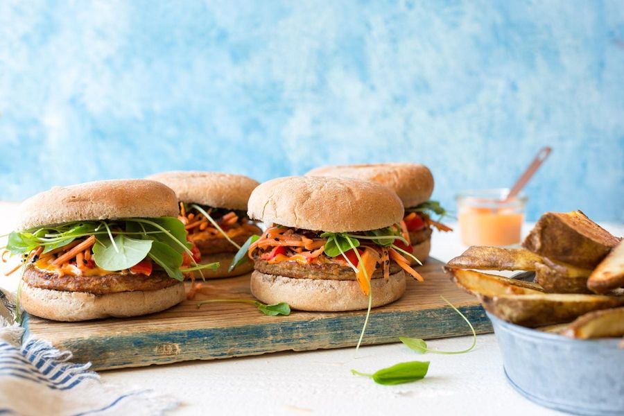 Hodo Soy tofu burgers with sweet chile mayonnaise
