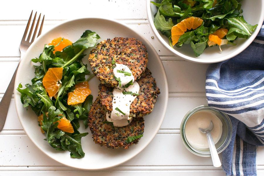 Quinoa fritters with arugula-tangerine salad