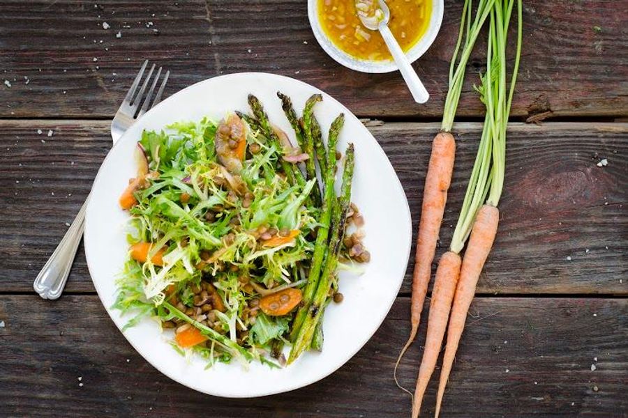 Lentil, frisée salad with asparagus and sherry vinaigrette