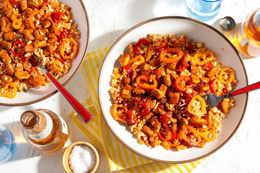 Mexican chicken and cauliflower “rice” with sweet peppers