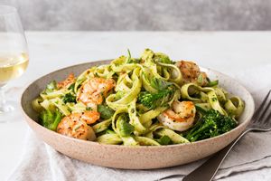 Shrimp fettuccine with broccoli and parsley-pecan pesto