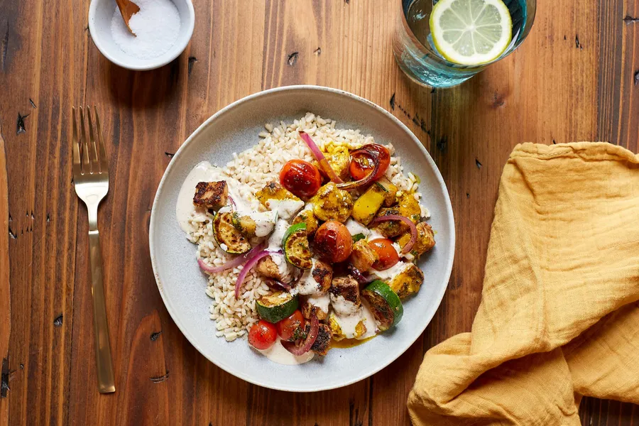 Middle Eastern chicken and roasted vegetables with brown rice
