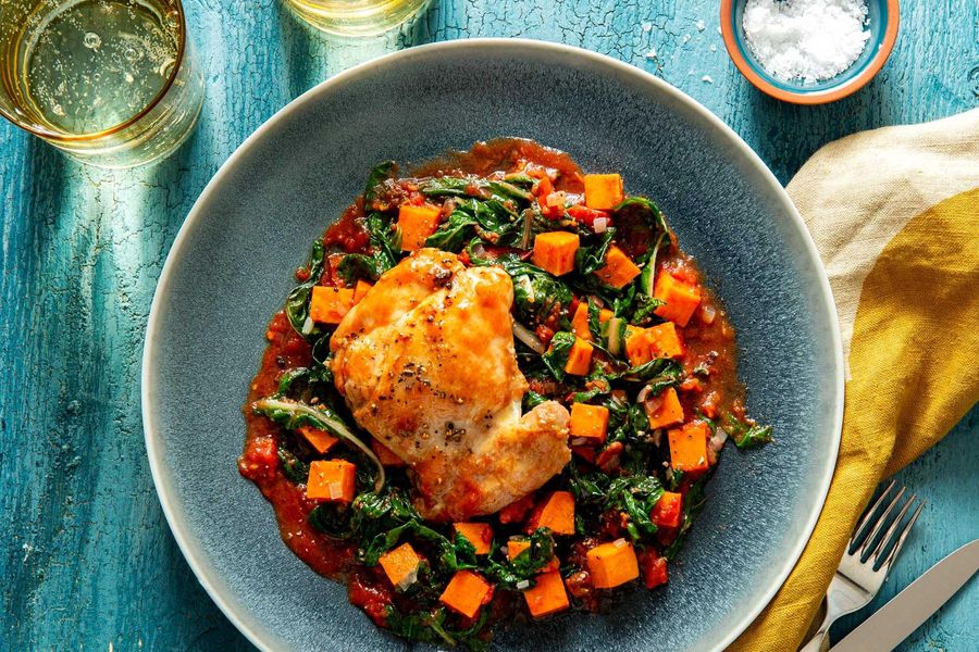 Tomato-braised chicken with sweet potato and chard