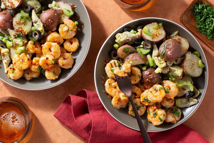 Garlicky shrimp tapas and Spanish potato salad with black olives