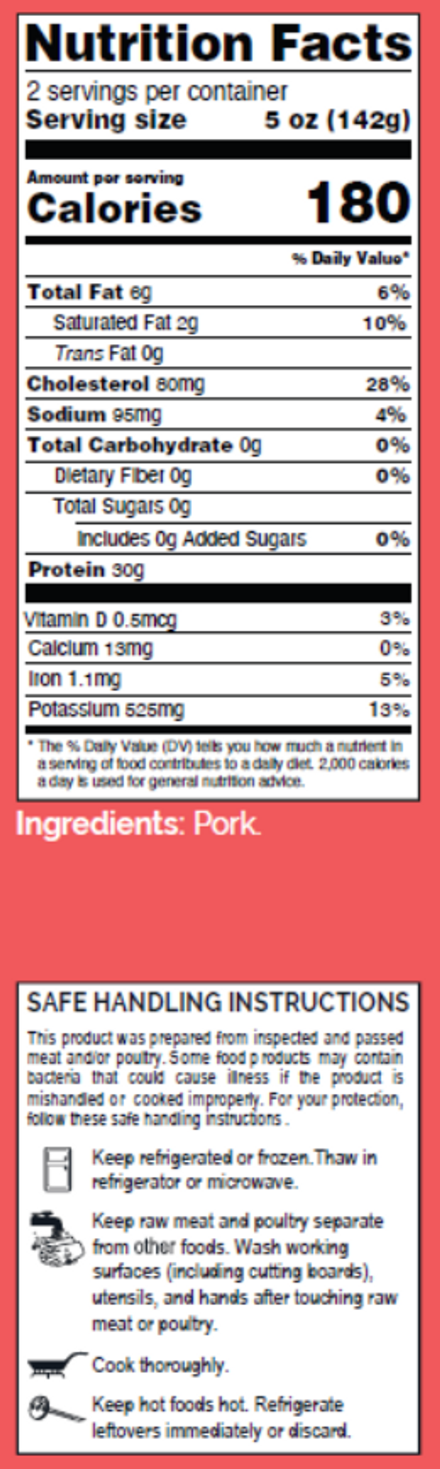 Boneless Pork Loin Chops (2 count, 5oz each) Nutrition