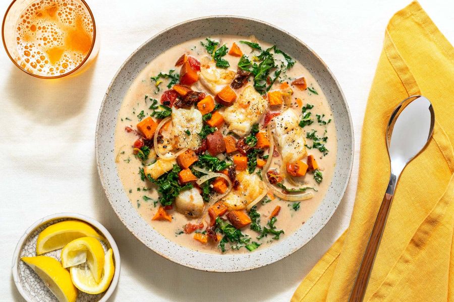Hearty fish stew with tomatoes, kale, and coconut milk