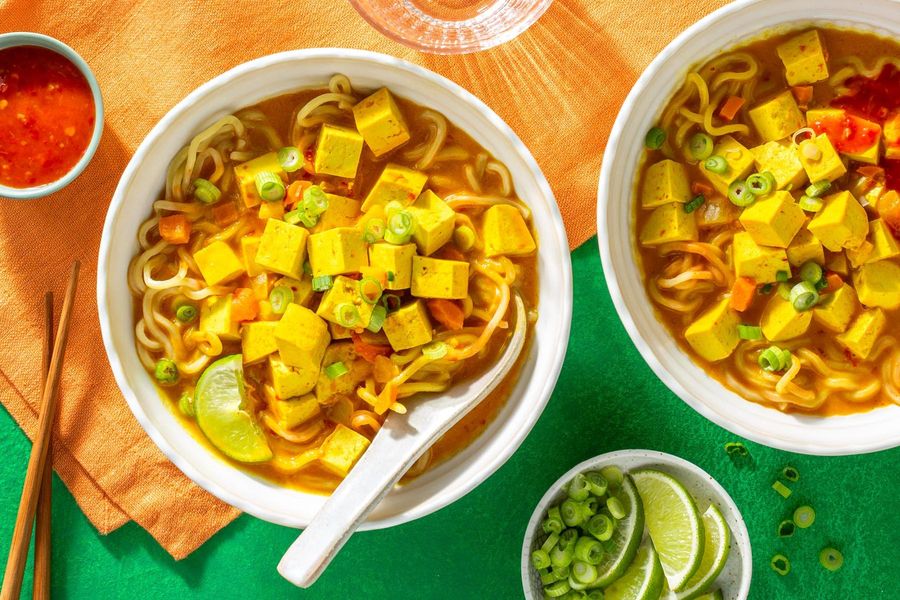 Burmese khow suey with ramen noodles in coconut-curry broth