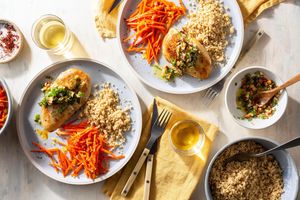 Pan-seared chicken and carrots with mint pesto and couscous