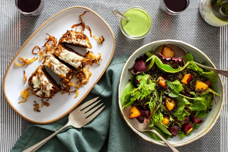 French onion meatloaf with lentil and plum salad