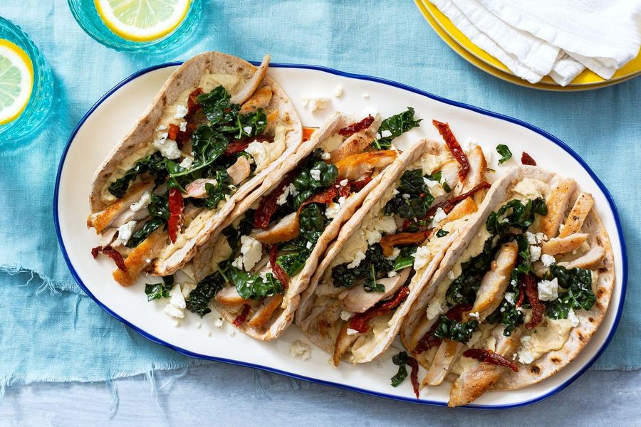 Chicken and hummus flatbread “tacos” with Greek kale salad