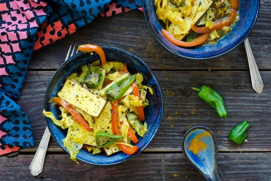 Five-spice tofu and cabbage stir fry with mustard seeds