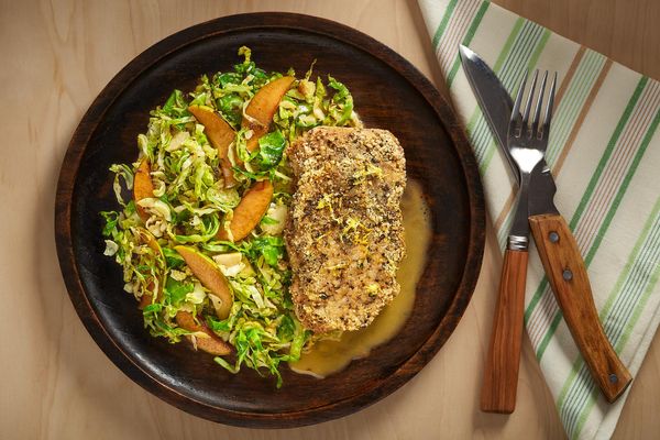 Almond-crusted Dijon pork chops with apple and Brussels sprouts