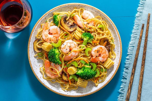 Shrimp chow mein with broccoli, mushrooms, and toasted garlic
