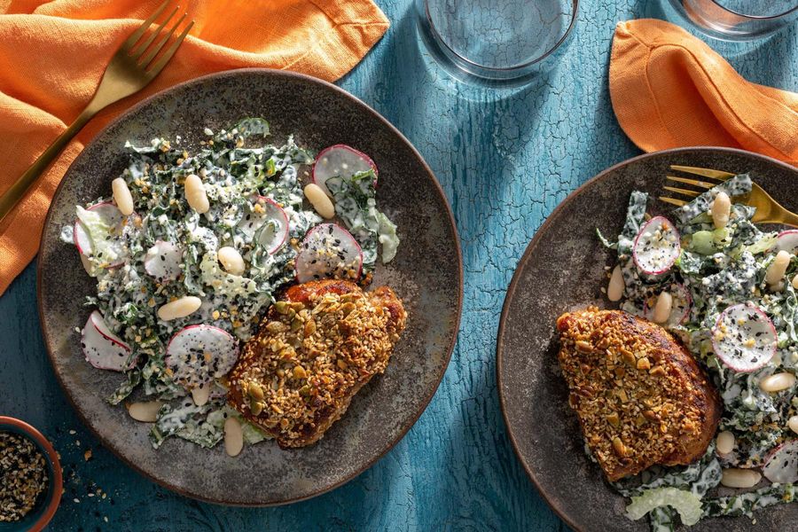 Dukkah pork chops and kale salad with "everything" ranch dressing