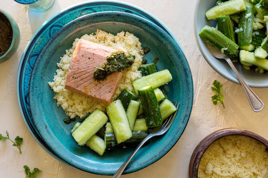 Salmon chermoula with cucumber salad and preserved lemon-couscous