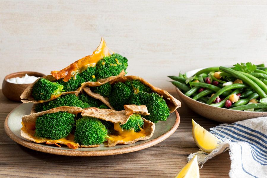 Broccoli-cheddar pita pockets with three-bean salad