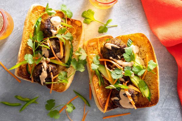 Lemongrass pork meatball banh mi with pickled vegetables