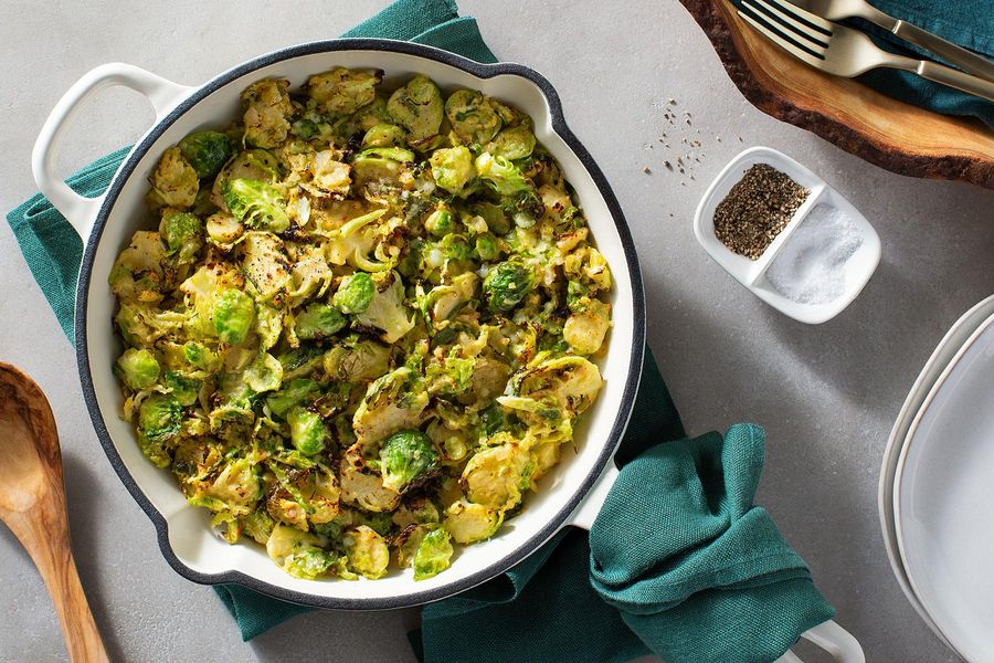 Creamy garlic Brussels sprouts with Gruyère and Parmesan