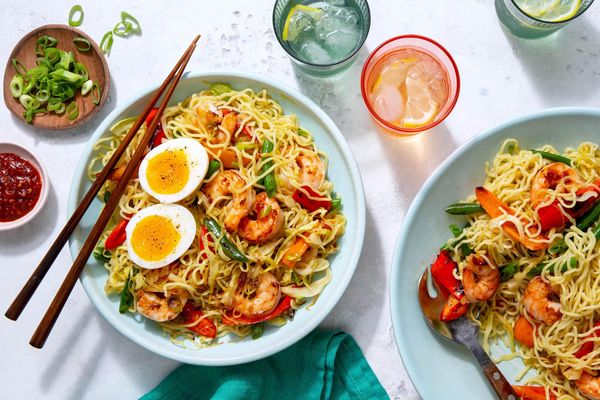 Hakka noodles with stir-fried vegetables and soft-cooked eggs