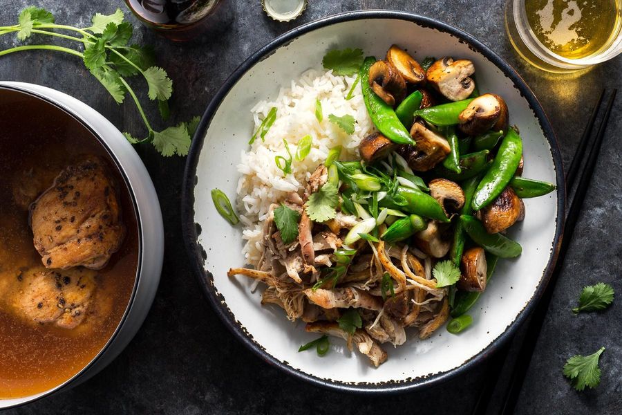 Lo soi chicken with vegetable stir-fry over jasmine rice