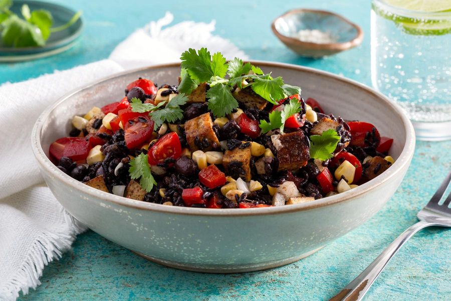 Black rice burrito bowls with braised tofu and tomatillo salsa