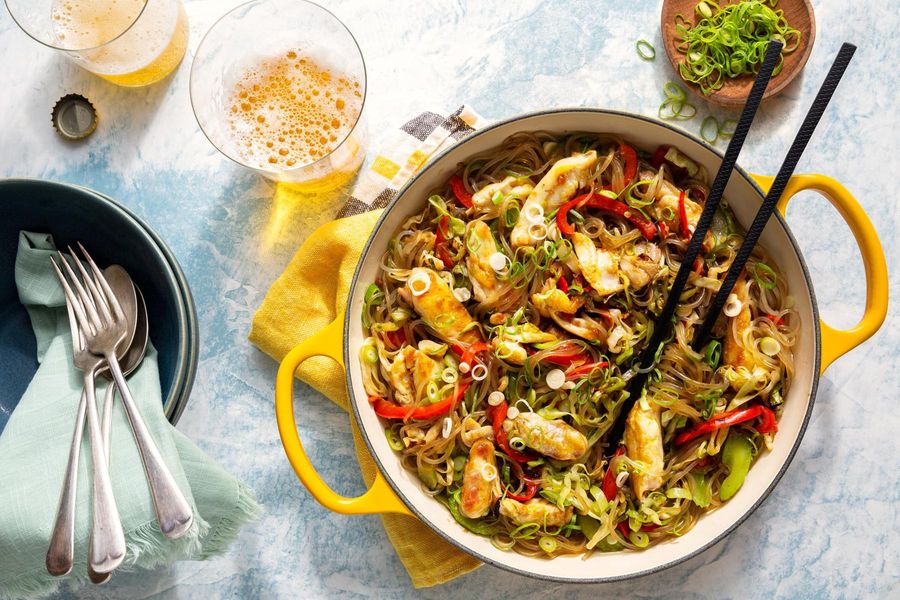 Korean japchae with glass noodles and vegetables