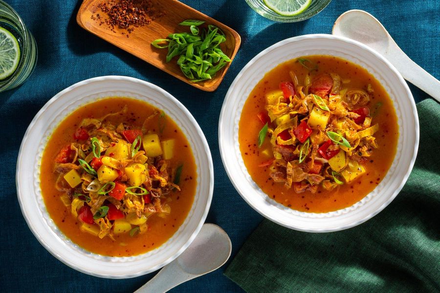 Thai-style spicy yuba noodle soup with potato and bell pepper