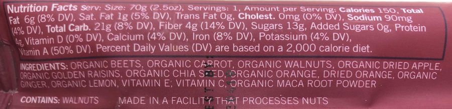 Organic beet orange ginger whole food bar Nutrition