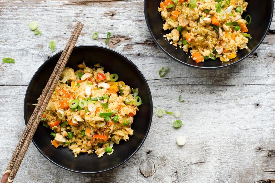 Cauliflower “fried rice” with sweet mini peppers and cashews