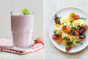Strawberry-mint smoothies & Eggs with tomato-basil salsa