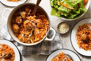 Turkey-spinach meatballs with corkscrew pasta and romaine salad