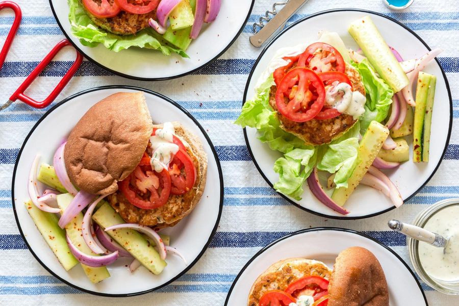 Salmon burgers with lemon-dill mayo and cucumber salad