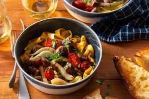 Deconstructed ratatouille with squash ribbons and ciabatta toasts