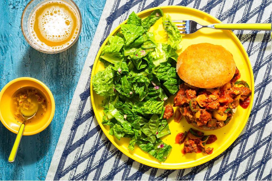 Cheesy sloppy joes with crisp lettuce salad