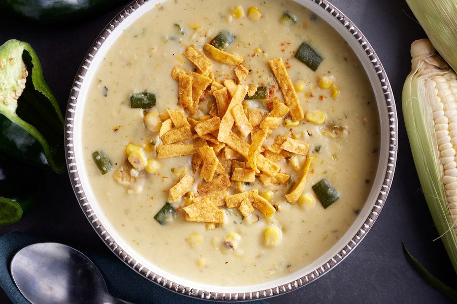 Corn & Poblano Chowder with Tortilla Crisps