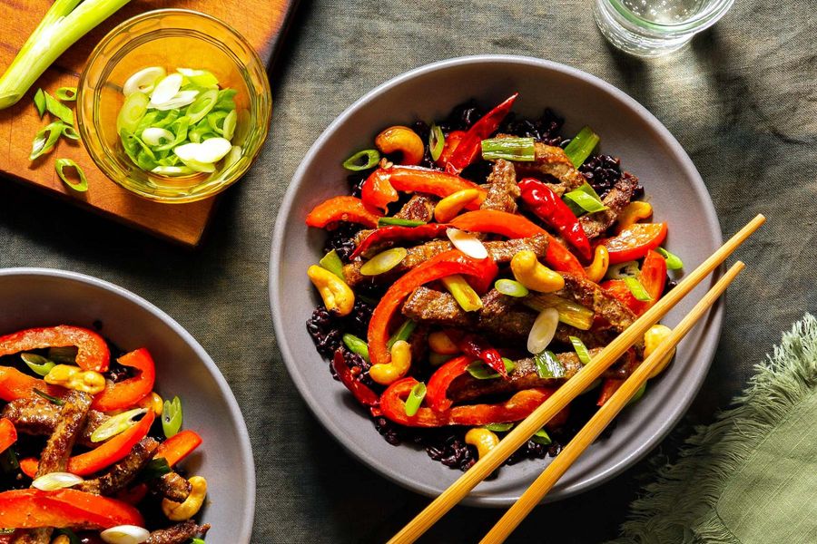 Spicy kung pao–style stir-fry with cashews and black rice