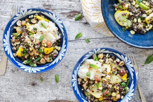 Warm quinoa and corn salad with summer squash, ricotta and mint