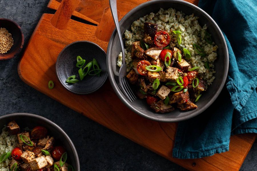 Braised Tofu and Shiitake StirFry with Black Bean Sauce over Jade Rice