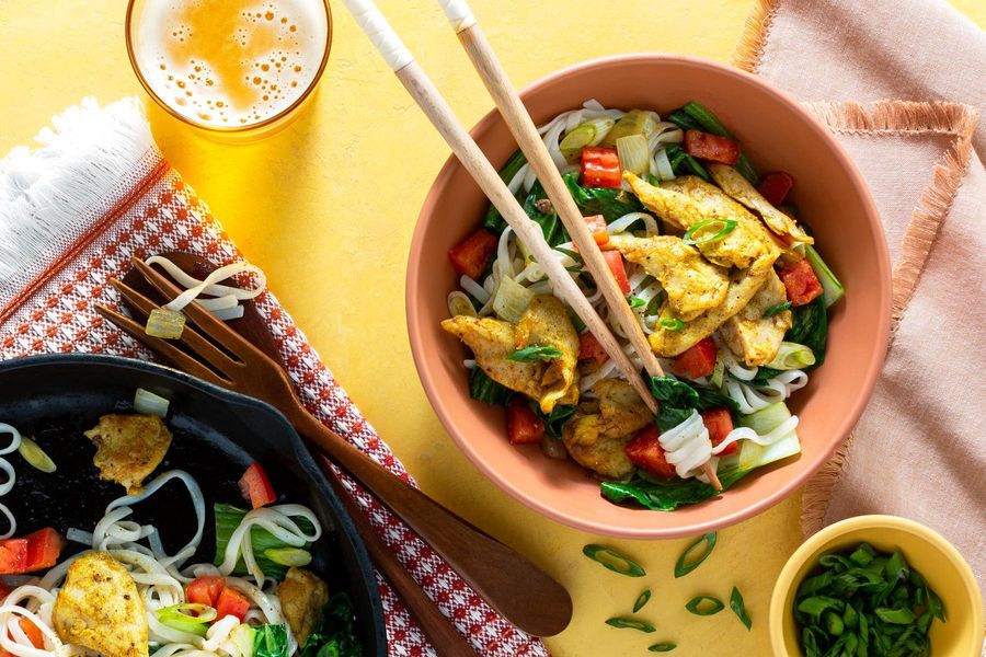 Burmese Shan noodles with tomatoes, scallions, and baby bok choy