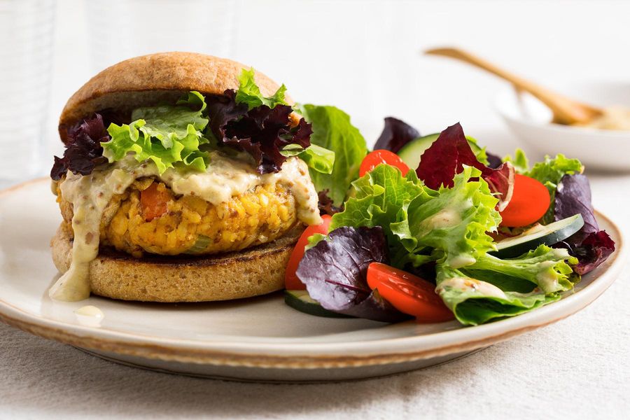 Miso tempeh burgers with garden salad and Dijon vinaigrette